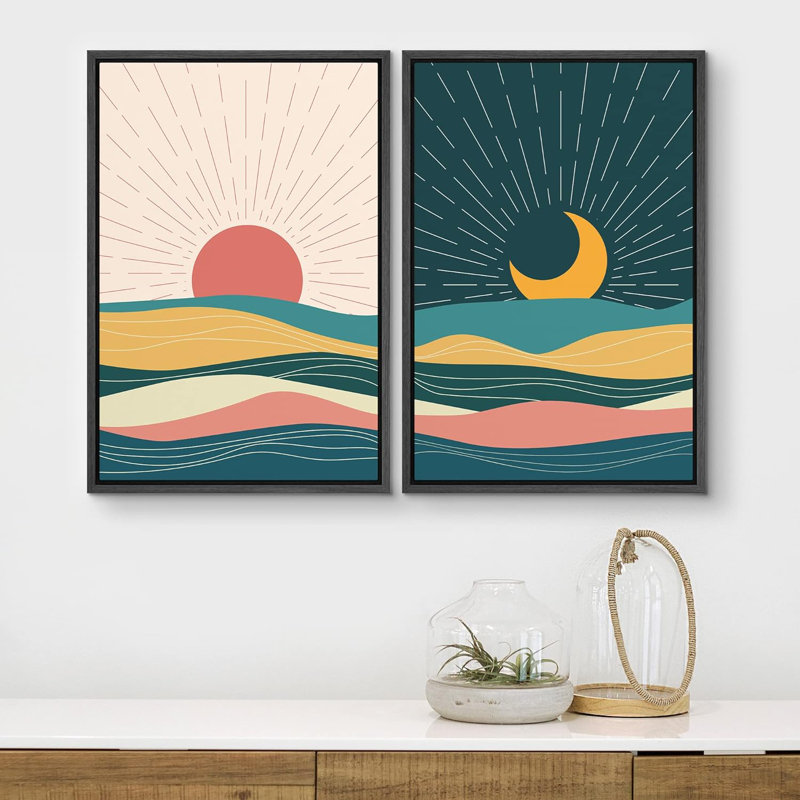 Desert Sun & Crescent Moon, H 36 po x l 48 po x P 1,5 po, Cadre flottant noir