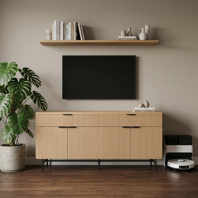Meuble télé 69 po avec rangement, console multimédia moderne avec 2 tiroirs et 4 portes pour le salon, Chêne
