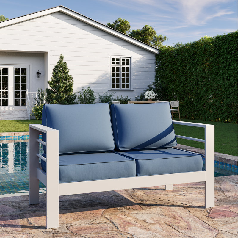 Outdoor Aluminum Loveseat, Navy Blue, White