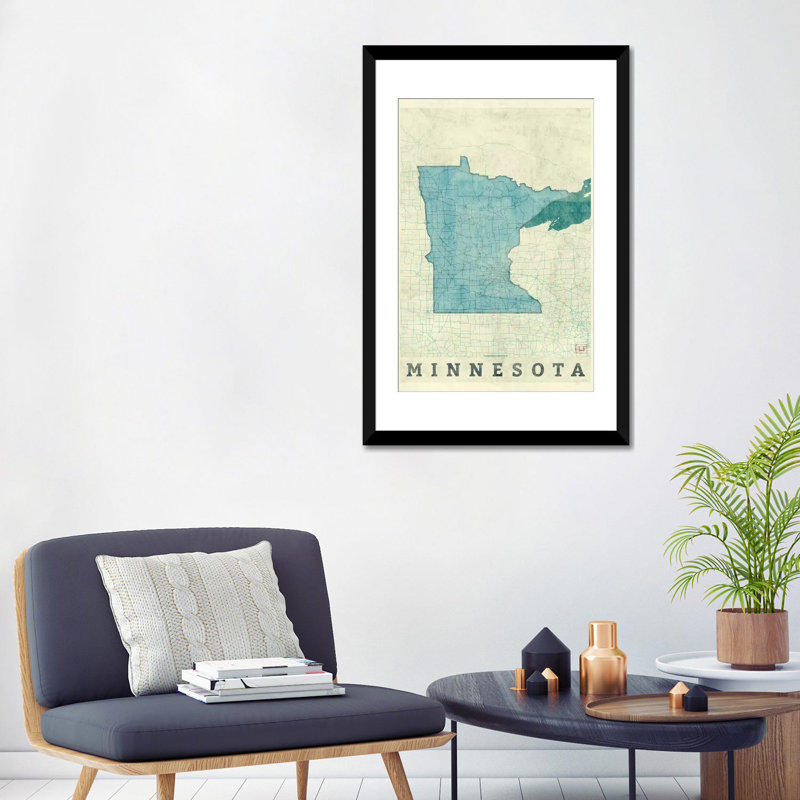 « minnesota map », impression sur toile, H 24 po x l 16 po x P 1 po, Papier d'art encadré noir, Blanc