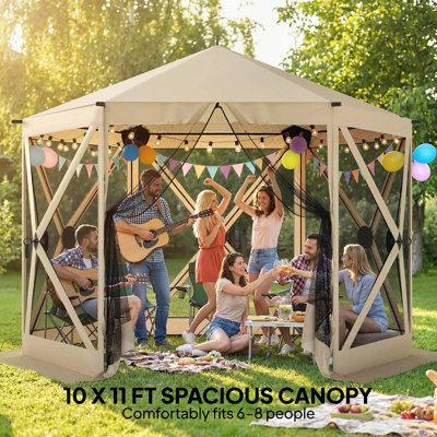 Wooden Gazebo Pop Up Canopy Tent, Rain Protection Lightweight Fiberglass Frame Wind Resistant Stakes Ropes Included Foldable Design For Lawn Patio Camping Gathering