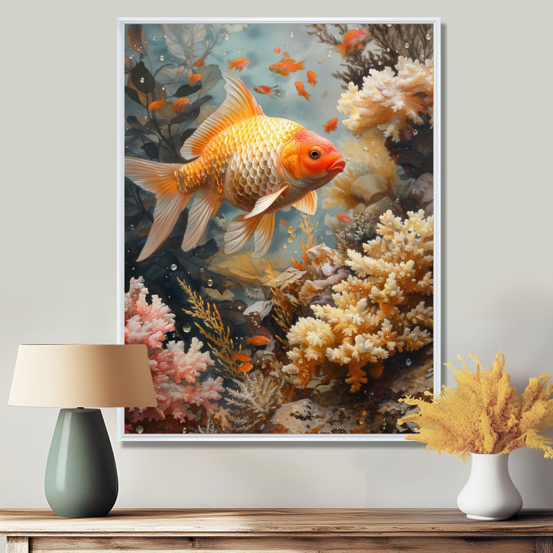 Orange, corail, poisson blanc, merveille - aquariums, art mural, Cadre flottant blanc, bois massif, H 16 po x l 32 po