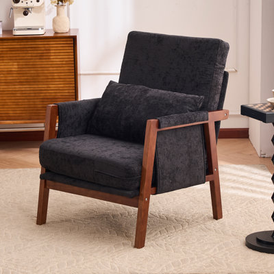  Accent Chair Mid-Century Modern Chair with Lumbar Support Pillow, Upholstered Living Room Chairs with Wooden, Chenille Armchair with Cushion, Comfy Side Chair for Bedroom, Balcony