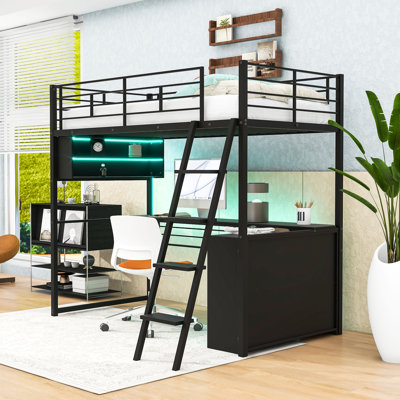 Loft Bed With LED, Desk And Storage Shelves