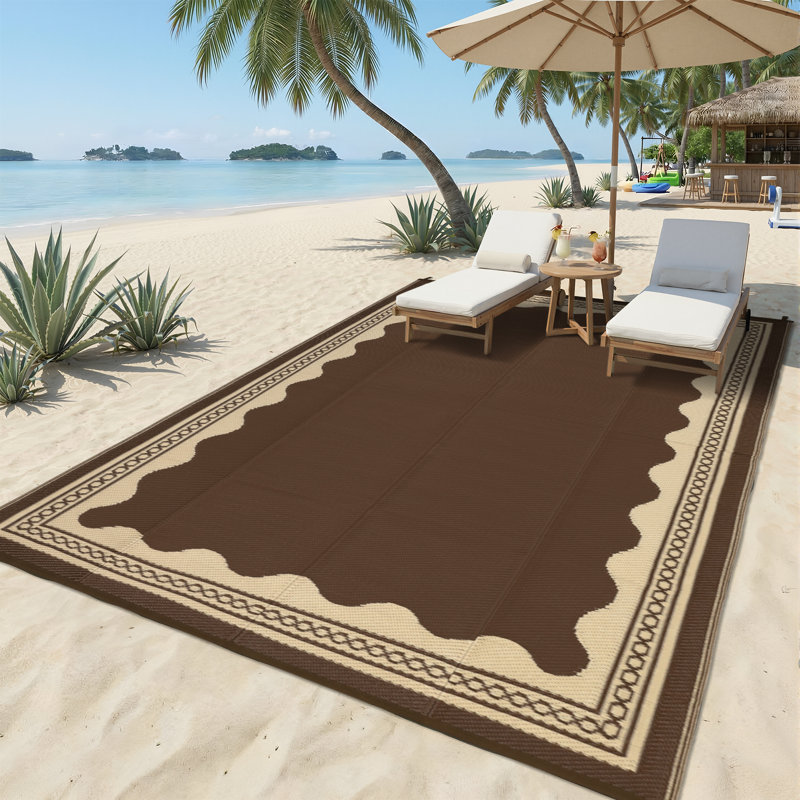 Tapis bordeaux réversible, facile à nettoyer, imperméable et résistant aux rayons UV, Brun, Rectangulaire 8 pi x 10 pi