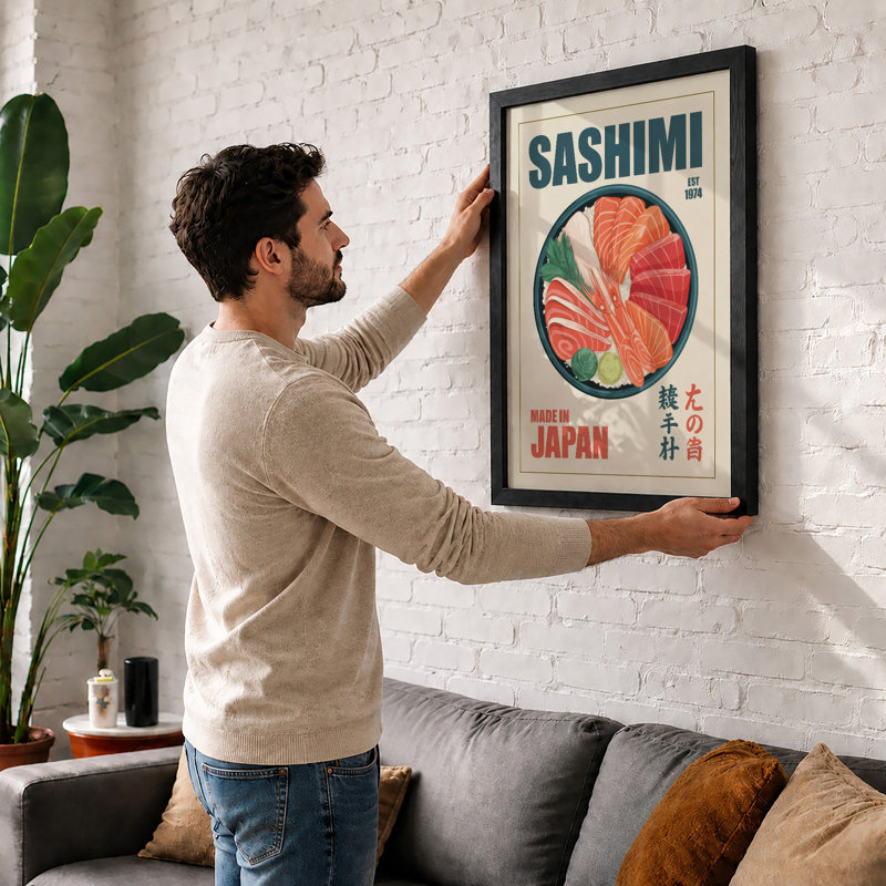 Sashimi Poster, Made in Japan Retro - Framed Print, A2 - 59.4 x 42.0 cm, White