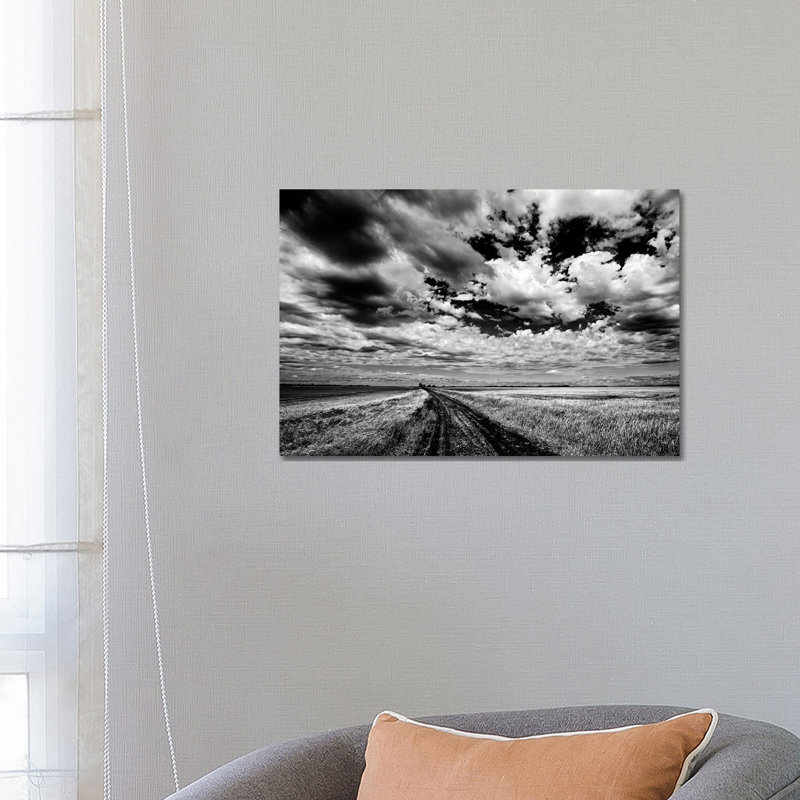 Canada, Manitoba, Grande Pointe. Black and White of Clouds and Road Through Field. 1 Piece Wrapped Canvas Wall Art