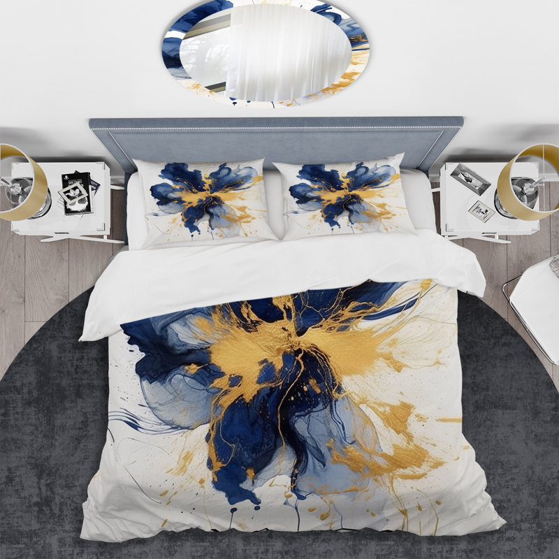 Dark Blue and Gold Strokes I BeddingMicrofiber / Polyester Duvet Cover Set, Queen Duvet Cover + 2 Standard Shams