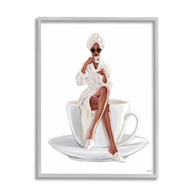 Chic café tasse de thé femme sirotant des lunettes de soleil gris ferme rustique surdimensionnée, estampe numérique de Ziwei Li