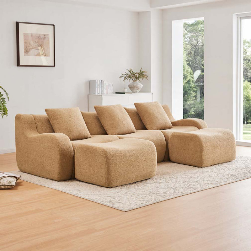 Canapé modulaire en tissu avec 2 repose-pieds Teddy, sans assemblage, Chameau