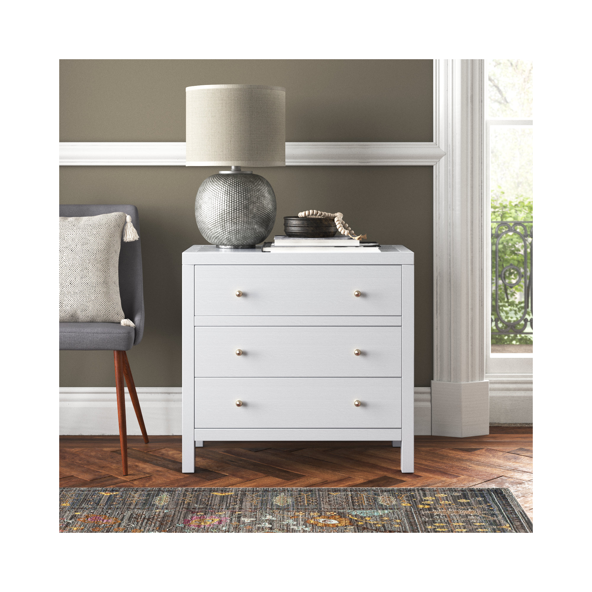 Celine 34" 3-Drawer Nightstand, Textured White