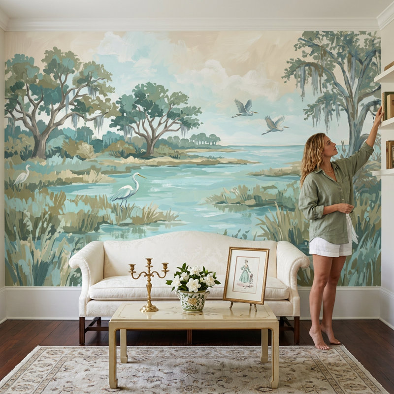 Décoration murale aigrettes amovibles Coastal Marsh Wetlands, Texturé non collé, 100 po x 96 po