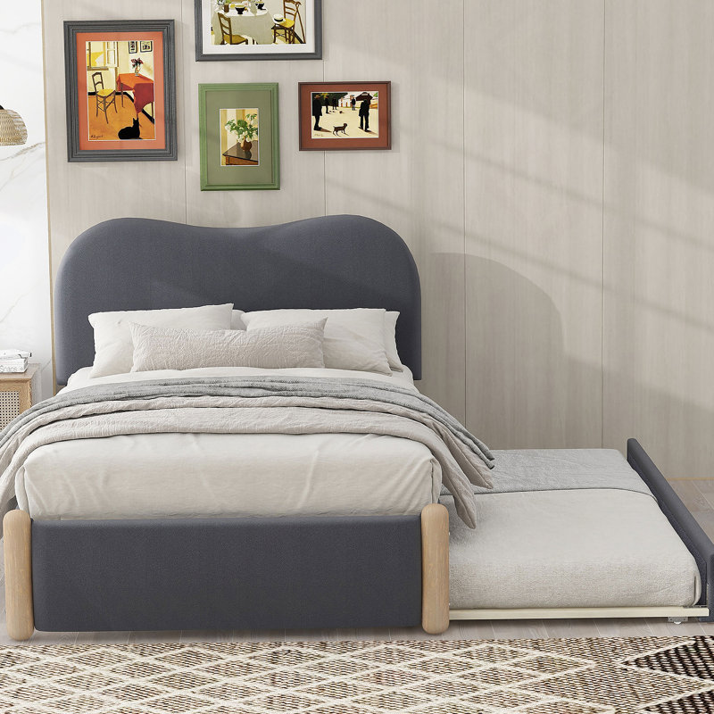 Lit plateforme tapissier avec pieds de support en bois et lit gigogne simple, gris, Simple