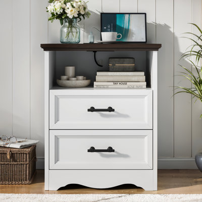 Farmhouse Nightstand With Charging Station, Wood Bedside Table & End Table With 2 Drawers And Unique Base Design by Winston Porter