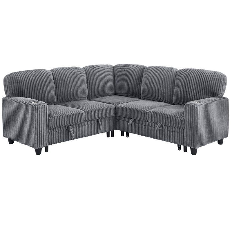 L-Shaped Sectional Sofa Bed With Pull-Out Bed & Storage, Gray Corduroy