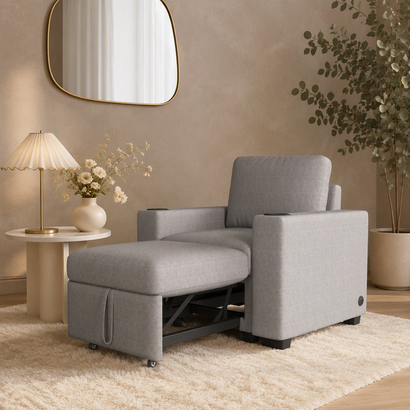 Canapé-lit convertible moderne avec ports USB, porte-gobelets et revêtement en chenille pour espaces de vie compacts.