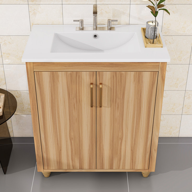 Meuble-lavabo autoportant avec lavabo en céramique, tiroir divisé et tablette réglable