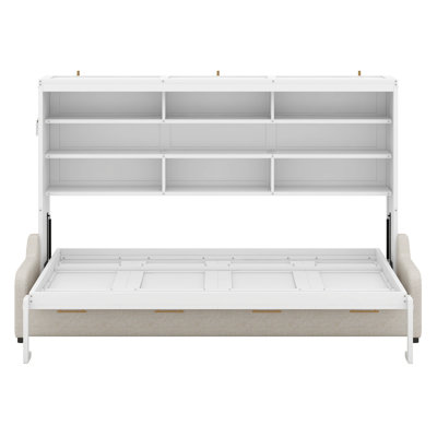 Queen Size Murphy Cabinet Bed With Folding Sofa, Built-In Storage Shelves And Led Light
