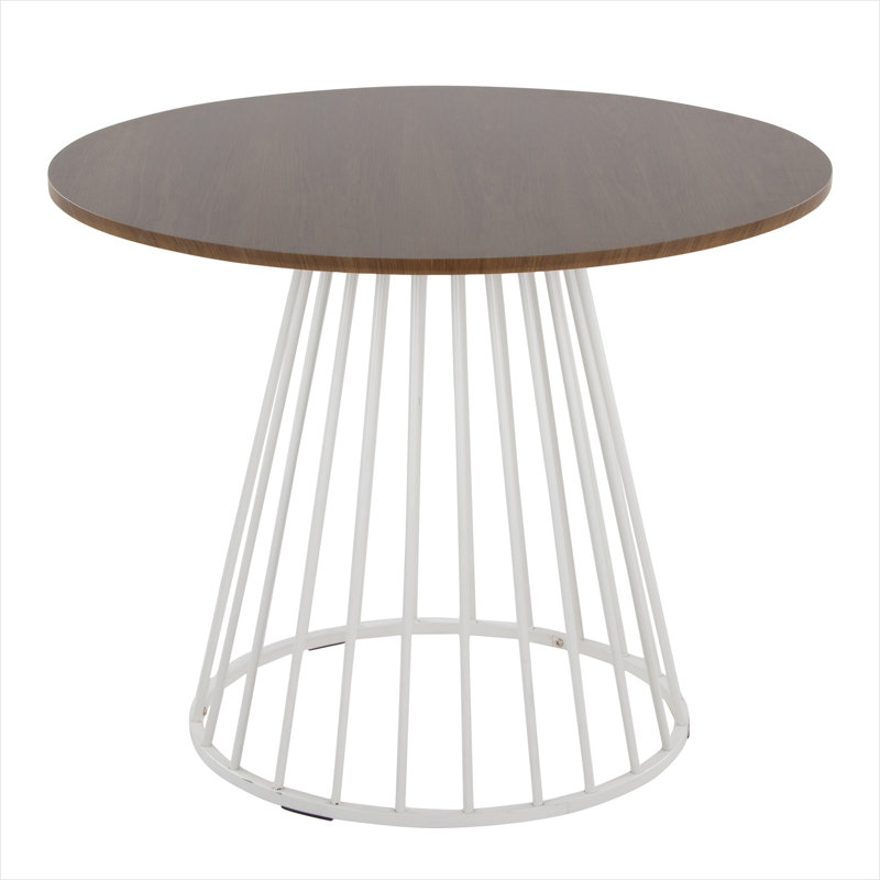 Table de salle à manger ronde en bois de noyer massif avec base abstraite en acier blanc, quatre places assises, riche finition brune, style glam contemporain