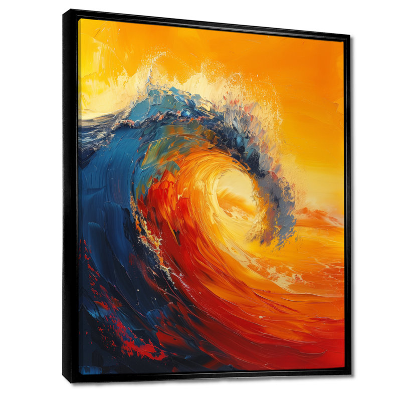 Décoration murale orange vagues bleues merveilleuses - vagues côtières, Toile avec cadre flottant noir