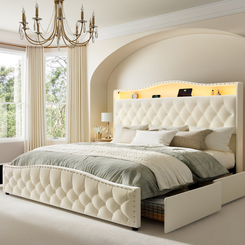 Upholstered King Bed Frame with 4 Storage Drawers and 52.5" Tall Headboard, Platform Bed with Charging Station & LED Light, No Spring Box Needed