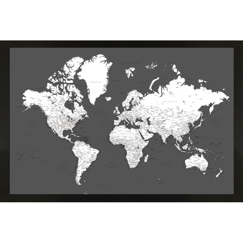 Carte du monde magnétique encadrée dans des tons de terre, Blanc / Gris, H 22 po x l 33 po x P 1 po
