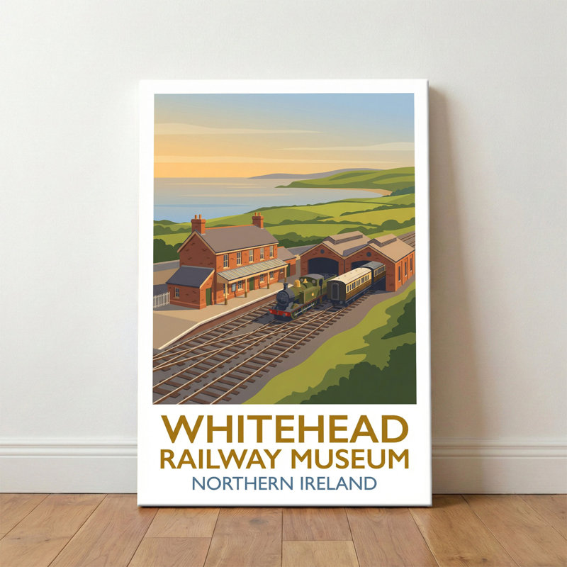 Whitehead Railway Museum, Northern Ireland - Timeless Coastal Railway Travel Poster. Giclee Print On Wrapped Canvas. Wall Art, Home Decor - Museums & Galleries, Northern Ireland - Wrapped Canvas Print
