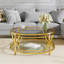 Table basse ronde avec plateau en verre trempé, structure en métal géométrique et tablette inférieure-859138535