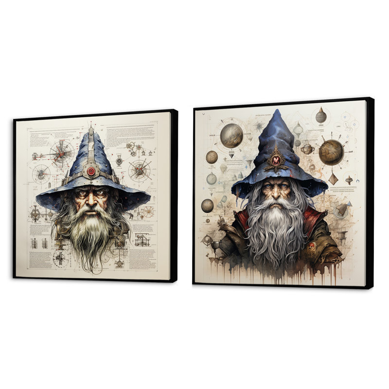 Schéma gnome - ensemble de 2 collages carrés fantaisistes et de science-fiction, Cadre flottant noir, H 16 po x l 33 po