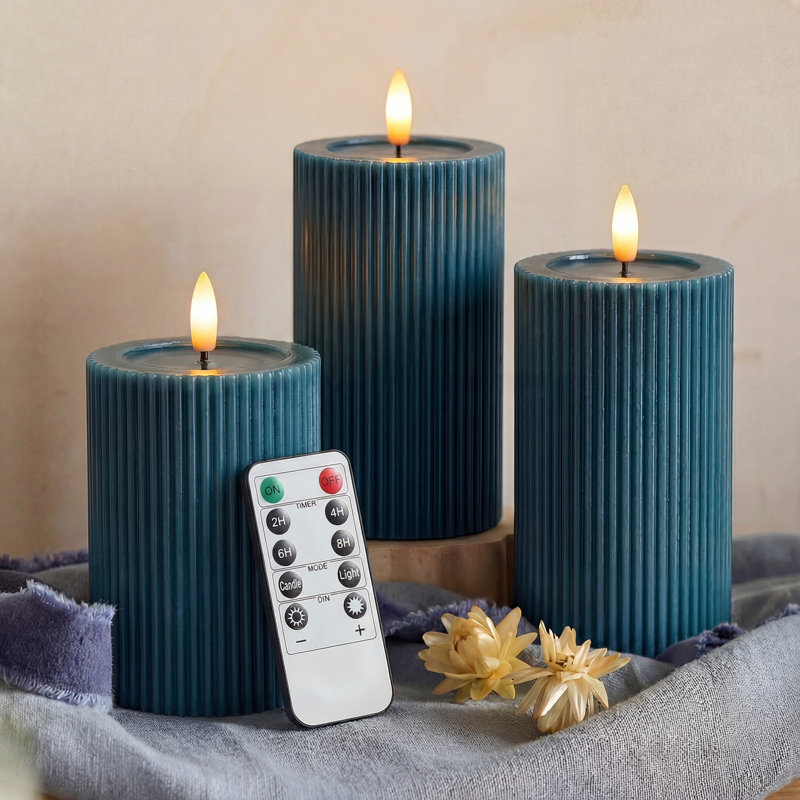 Fluted Ribbed LED Pillar Candles, with Reflective Melted-Wax Effect – Flickering Flame, Remote, Dimmable, Flameless, Battery Operated, Home & Wedding Decor (Set of 3)