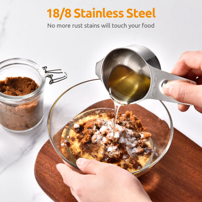 Ensemble de tasses et cuillères à mesurer en métal robuste en acier inoxydable 18/8 U-Taste: 7 tasses et 7 cuillères avec 2 anneaux en D et 1 tableau de conversion de mesure magnétique professionnel
