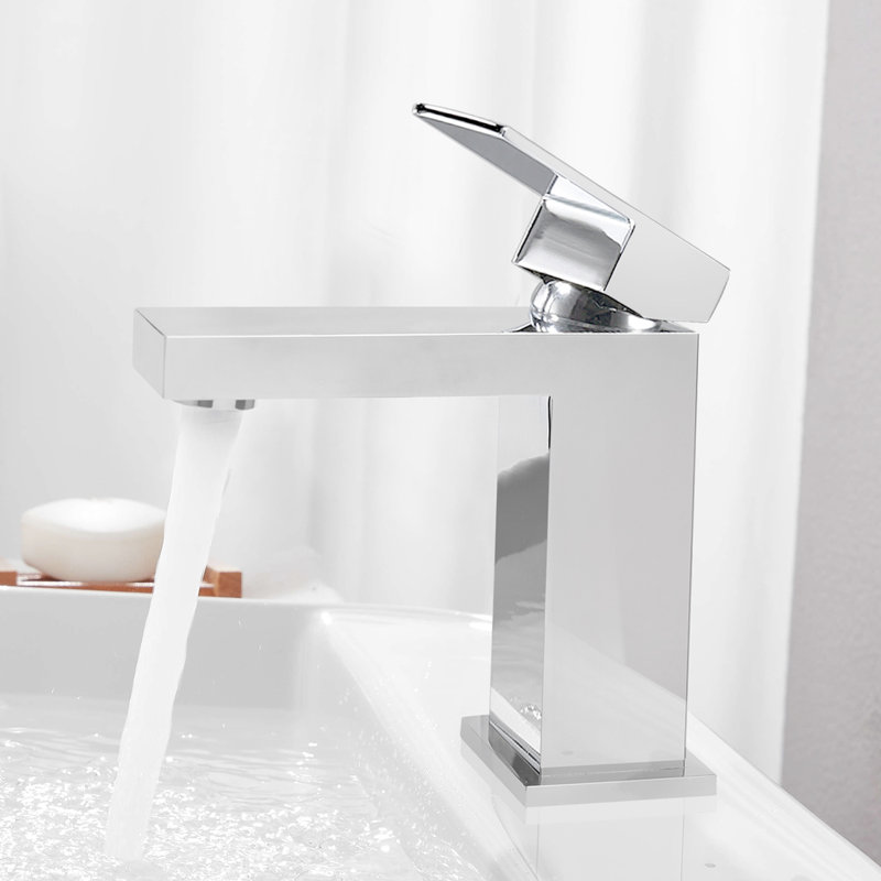 Robinet de lavabo pour salle de bain à poignée simple en nickel brossé, conception carrée, économiseur d'eau, doux au toucher, résistant aux fuites et à la corrosion en laiton massif, facile à nettoyer