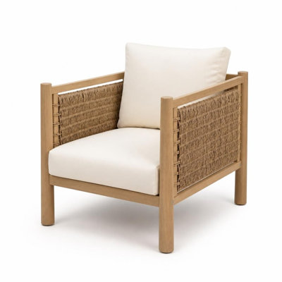 Chaise de patio extérieure durable et résistante aux intempéries avec structure en bois franc massif, panneaux en osier tissés à la main toutes saisons, coussins moelleux et résistants à l'eau, soutien ergonomique