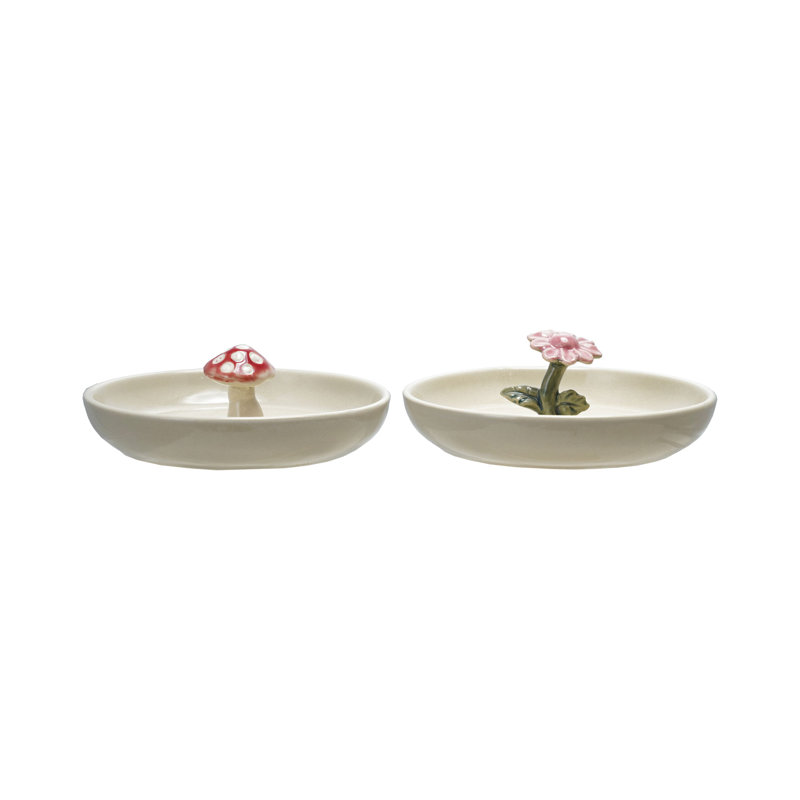 Ensemble de 2 assiettes en grès fleur et champignons peintes à la main 2 pièces, multicolore