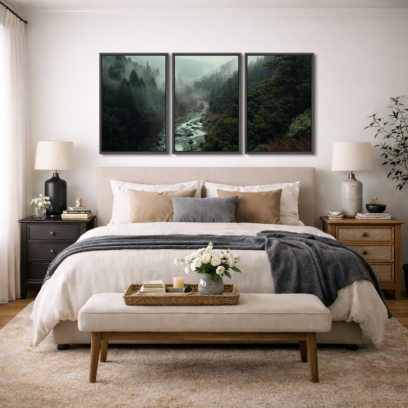 "Misty Forest Landscape", "Hazy Moody Dark Green River Nature", Tranquil Panoramic Modern Rustic Woodland Wall Art