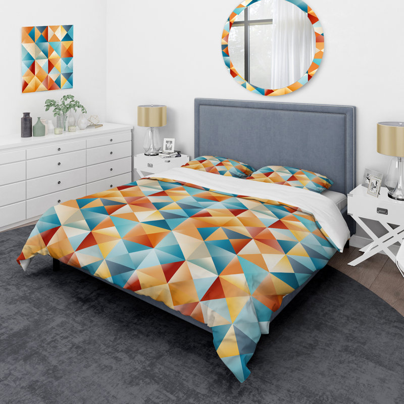 Orange Artistic Expression Tranquility Box Stitch Geometric Shapes Duvet Cover, King Duvet Cover + 2 King Shams