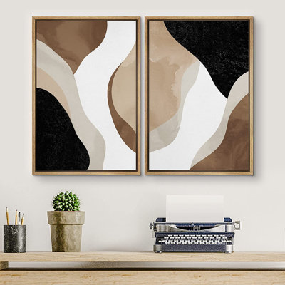«Watercolor Tan Brown Waves Organic Modern Abstract Art», reproduction d'art encadrée sur toile