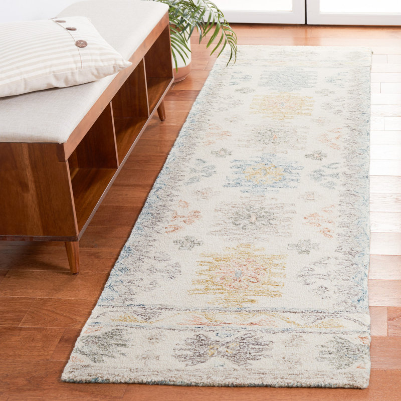 Tapis ivoire / bleu en laine / coton touffeté à la main Kratzer, Tapis de couloir 2 pi 3 po x 8 pi