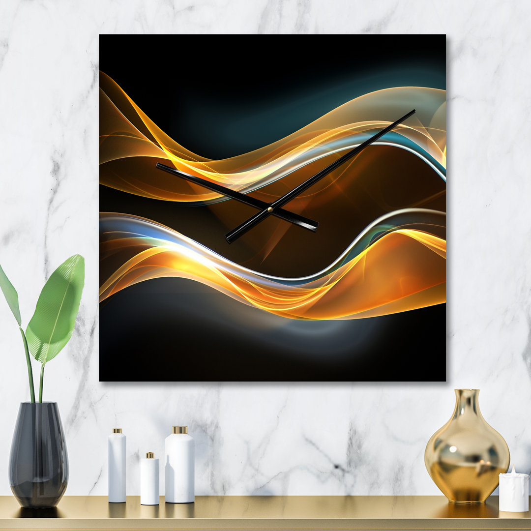 3D Gold Waves in Black - Modern Wall Clock East Urban Home 