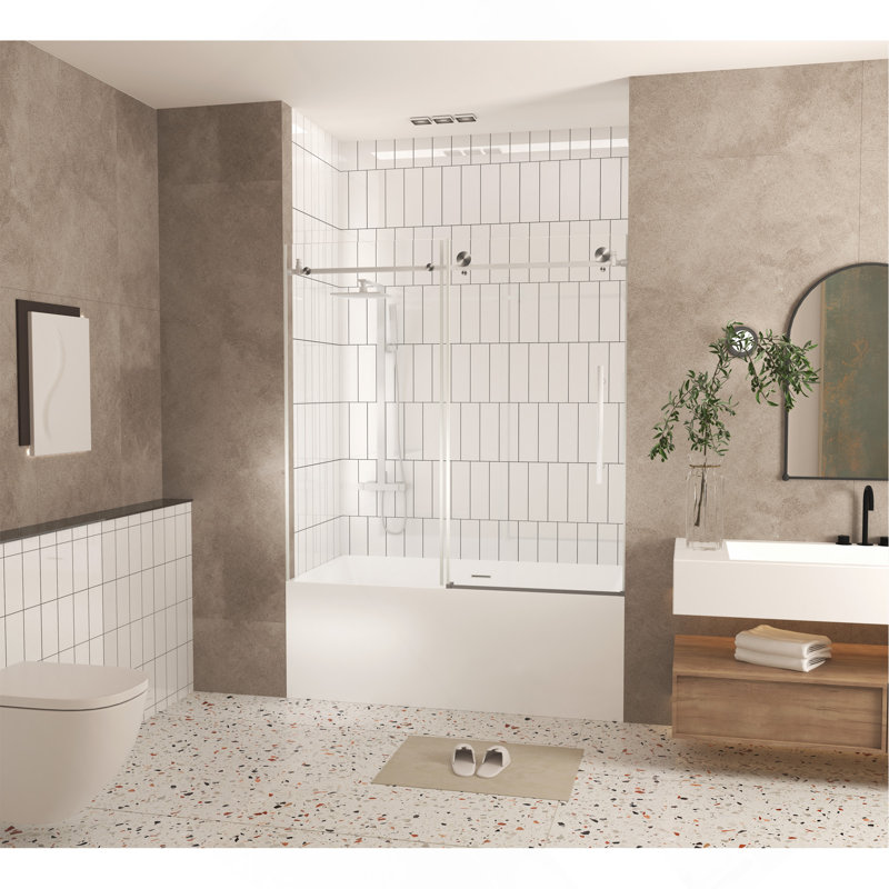 Frameless shower door 56-60 "W x 60"H, 1/4 "(6 mm) Clear Tempered Glass, Explosion Proof Film, Stainless Steel Handle,Brushed Nickel