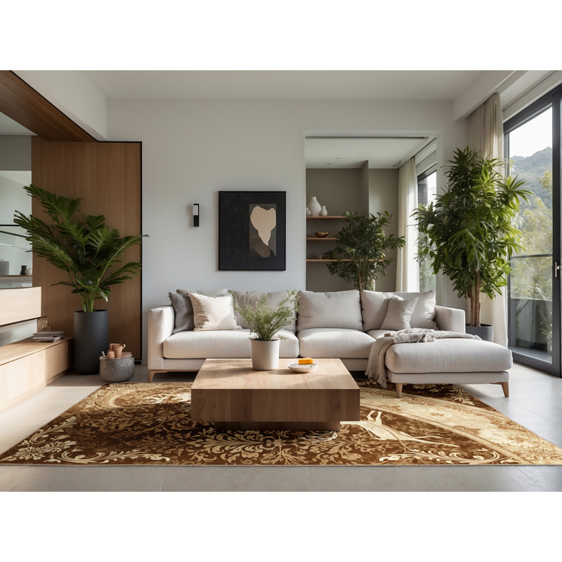 Soft Plush Ehlers Sleigh With Reindeer Classic Damask Area Rug in Beige – Beige Binding, 7x9