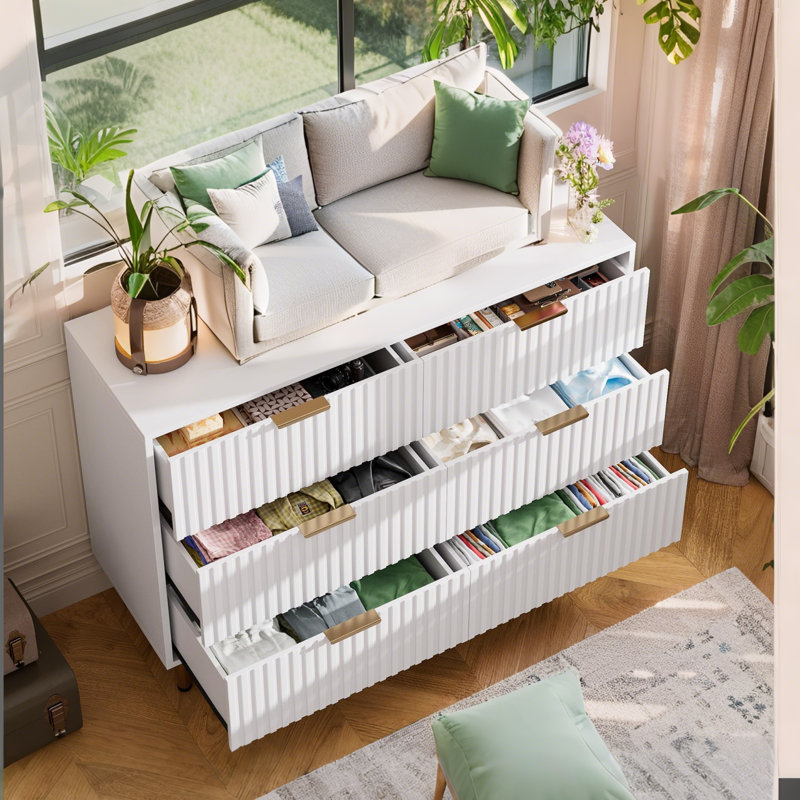 47.2"  Fluted 6 Drawer Dresser For Bedroom, Deep Drawers, Gray
