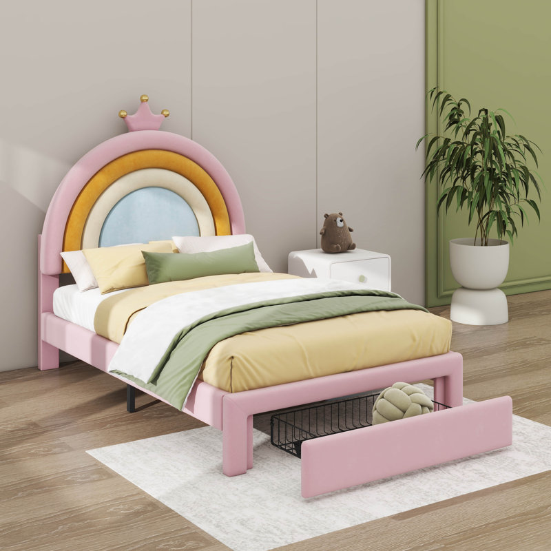 Tiroir de rangement pastel rembourré avec lit plateforme, Lit simple