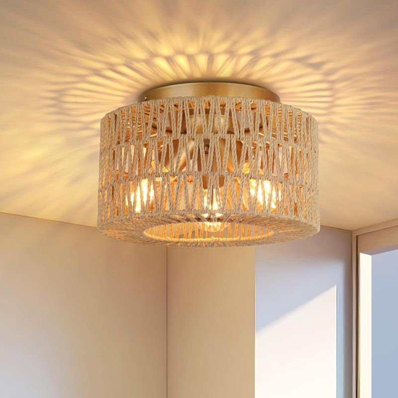 3-Light Flush Mount Ceiling Light Rattan  Drum Fixture Vintage Handwoven Lamp for Living Room Bedroom