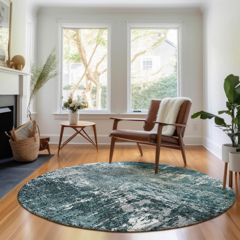 Premium Machine Washable Prisco Teal Rug, Round 8'