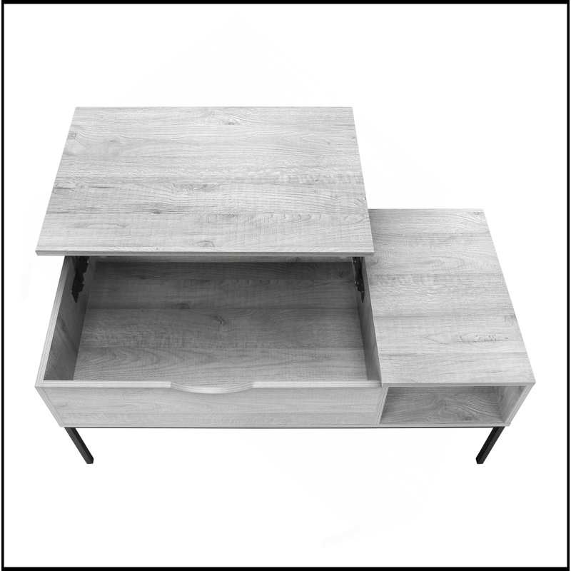 Table basse à plateau relevable moderne avec rangement et tablette ouverte, idéale pour les espaces de vie contemporains