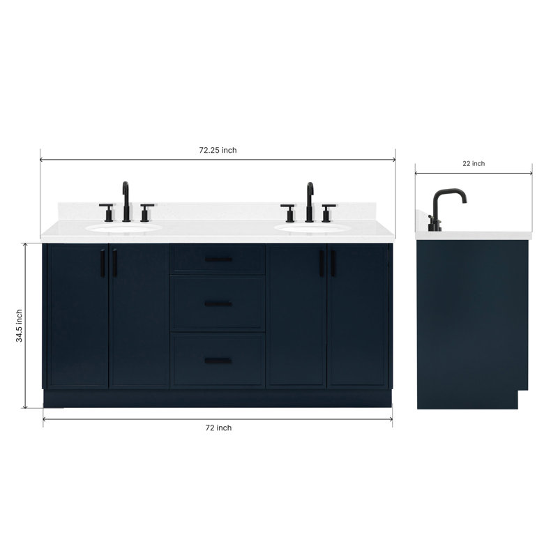 ARIEL Kelly 72 Double Sink Bathroom Vanity with Carrara Quartz Top, Midnight Blue