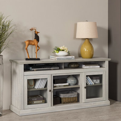 Meuble télé contemporain Viremont 60 po pour téléviseurs jusqu'à 65 po – Console multimédia avec rangements ouverts et fermés – 5 passe-câbles, étagères réglables, portes vitrées – Buffet moderne pour salon