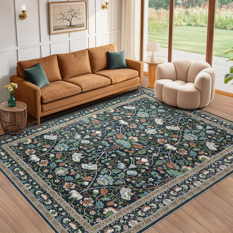 Tapis floral antidérapant lavable à l'intérieur, Rectangle 7 pi x 9 pi