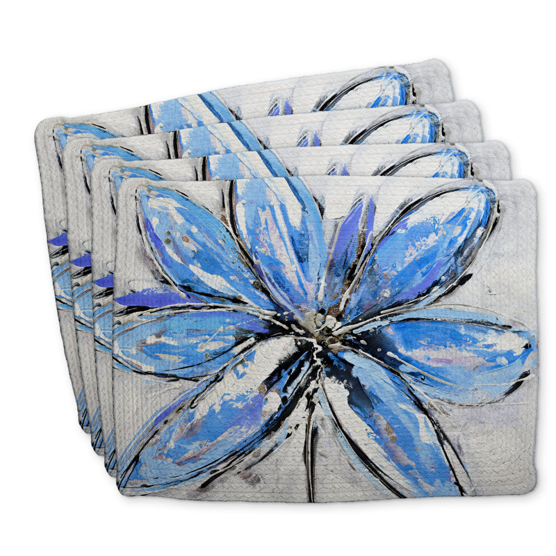 Ensemble de 4 napperons en polyester tressé fleur bleue | Décoration intérieure